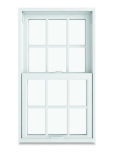 white double-hung window with grids.